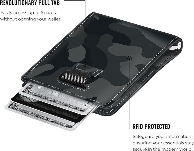 Kings Loot Money Clip Slim Minimalist Wallet for Men | RFID Blocking Leather Design with Money Clip | Front Pocket Bifold Holds 12 Cards | Stylish & Compact Wallets (Camo Black)