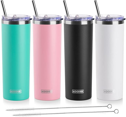 koodee 20 oz Skinny Tumblers (4 Pack) Stainless Steel Insulated Tumbler with Lids, Straws and Straw Brushes（Teal/Pink/Black/White）