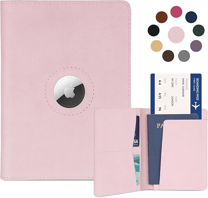 Airtag Passport Holder for Women Men Travel, Real Leather Passport Wallet, Handmade Passport Cover Case with Airtag Slot, Travel Must Haves Essentials Accessories Birthday Gift(Crazy Horse,Light Pink)