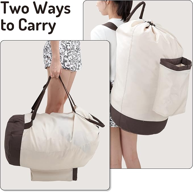 Laundry Bag Backpack with Shoulder Straps and Detergent Holder Clothes, Travel Laundry Backpack Bag Hamper for College Dorm Room (Khaki w Brown)