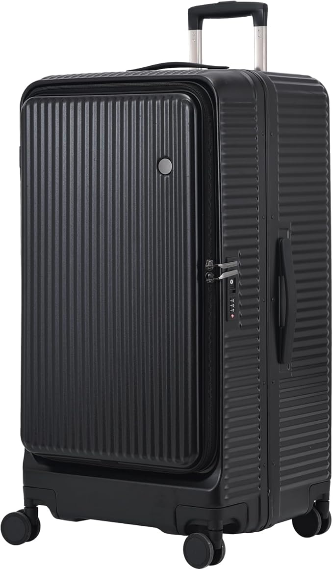 29 Inch Aluminum Checked Luggage with Side Opening Zipper, 40 * 37 * 77cm, 113L, Lightweight Hardshell ABS+PC Suitcase with TSA Lock, 360° Universal Wheels, Black