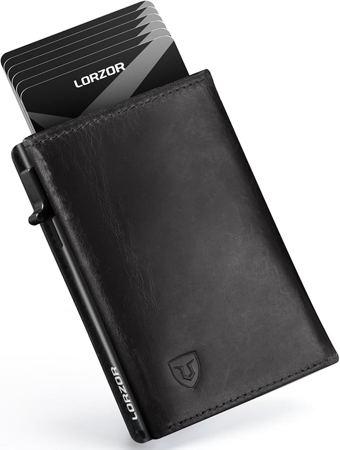 LORZOR Minimalist Wallet for Men with Credit Card Holder, Finest Full Grain Leather, Pop up Smart Wallet, Trifold Slim Wallet, RFID Blocking, Front Pocket, ID Window