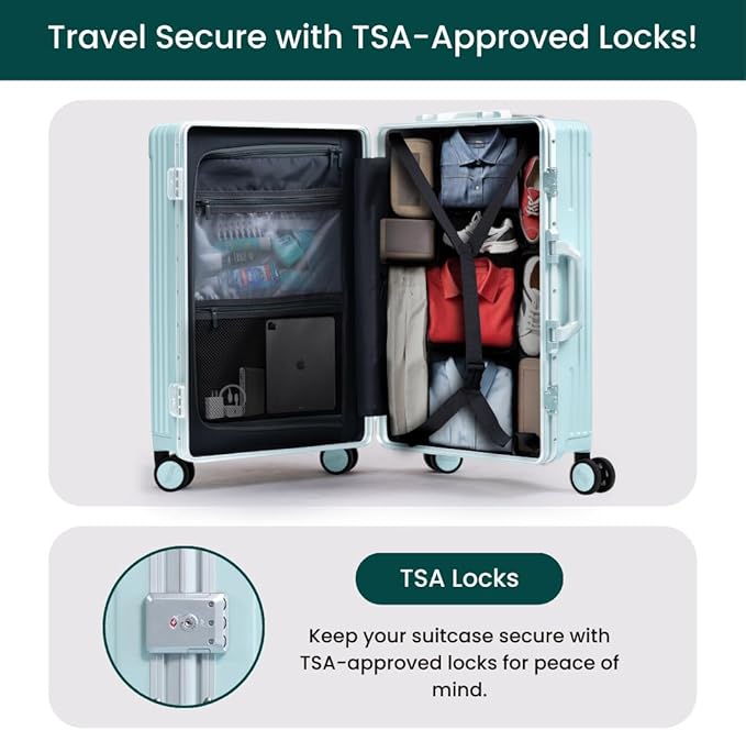 Nobl Travel Carry On Luggage, Noble Zipperless Aluminum Frame PC Hard Shell Suitcase, 22.5x15x9.5 Airline Approved, 360° Spinner Wheels, TSA Locks, USB Charging Port, Cup & Phone Holder - Baby Blue