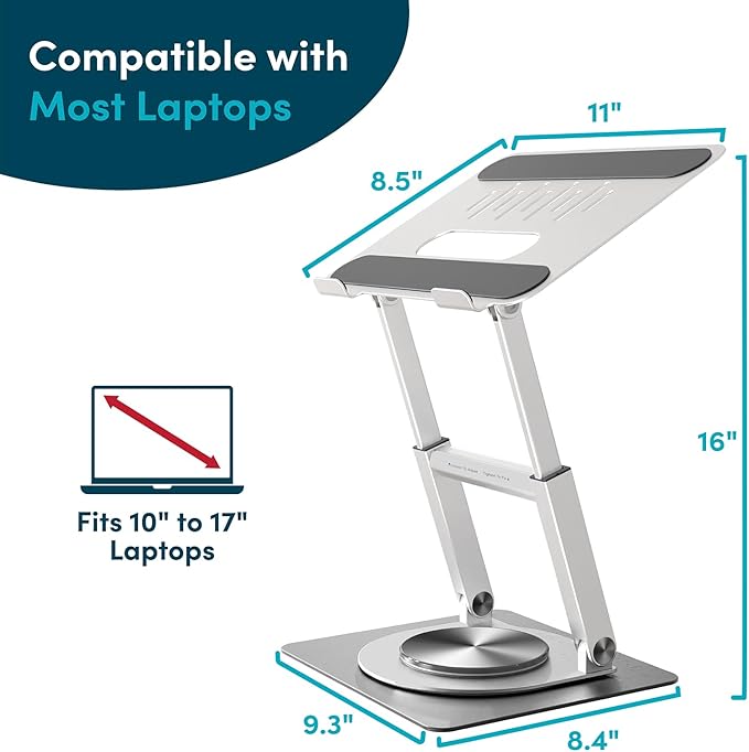 Lifelong 360 Rotating Ergonomic Laptop Stand for Desk, Laptop Riser with Swivel Base, Adjustable Computer Stand for 10-17" MacBook Pro & All Laptops- Portable Standing Desk Converter- Height 16"