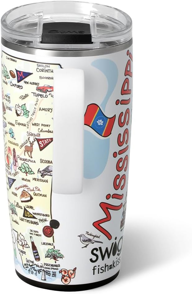 Swig Life 22oz Travel Mug, Insulated Tumbler with Handle and Lid, Travel Coffee Mug, Cup Holder Friendly, Stainless Steel 22 oz Tumbler, Reusable Insulated with Lid (Mississippi)