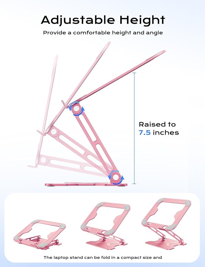 Adjustable Laptop Stand for Desk, Metal Foldable Laptop Riser, Portable Laptop Holder Mount, Ventilated Cooling Computer Notebook Stand for MacBook Air Pro, All 10-16'' Notebooks Laptops, Pink