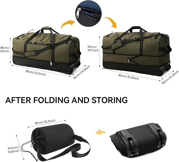 CONTAIL 32" Soft-Sided Rolling Duffle Bag with 2 Wheels,Expandable from 110L to 140L, Foldable Travel Duffel with Multiple Compartments,Army Green
