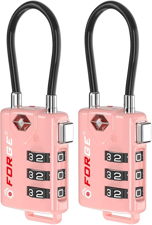Forge TSA Approved Cable Luggage Locks, 2 Pink Locks, Re-settable Combination with Alloy Body