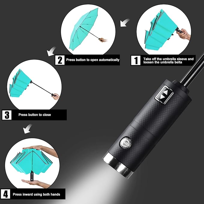 Lejorain Travel Folding Inverted Umbrella - Reverse LED Umbrellas Automatic Open and Close - Reflective Collapsible Reversible Umbrella