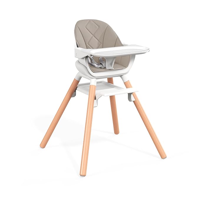 Baby High Chair, Highchair for Baby & Toddler, Easy Clean Infant Highchair, 6 in 1 Feeding High Chair with Removable Double Tray and Waterproof PU Cushion, Wooden Legs, Champagne