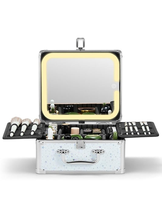 Qislee Makeup Box with A Detachable Lighted Mirror, Waterproof Travel Train Case, Cosmetic Organizer and Makeup Suitcase with Adjustable Dividers, Magnetic LED Mirror(Snow White)