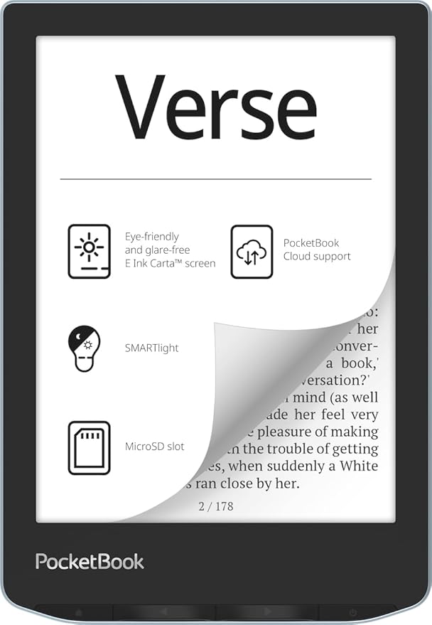 PocketBook Verse E-Readers | Eye-Friendly 6'' E-Ink Carta™ HD Touchscreen | Adjustable SMARTlight | Up to 1 Month of Battery Life | WiFi & Memory Card Slot | E-Book Reader in Misty Grey
