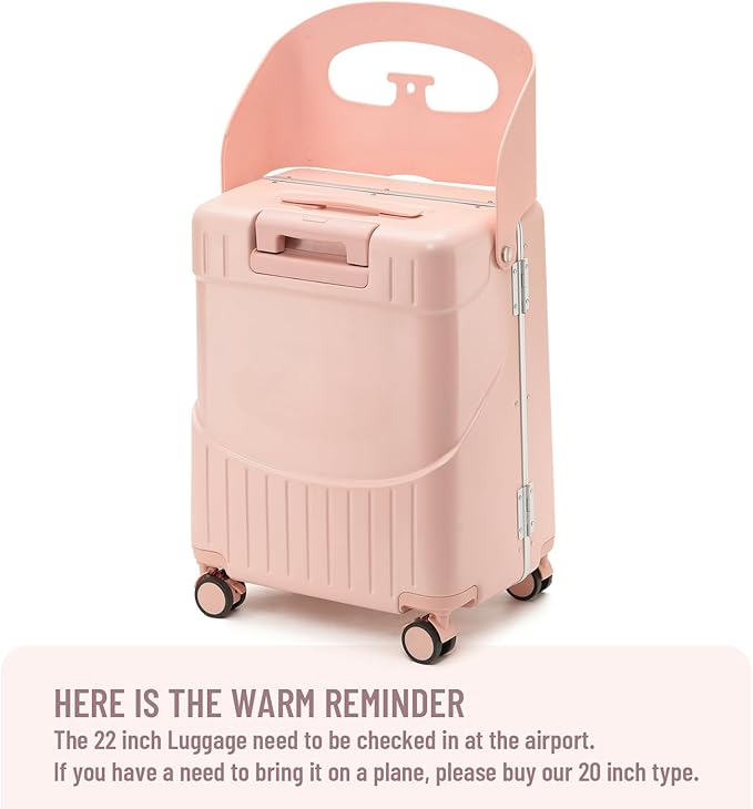 22 Inch TSA Lock Luggage with Seat for Adults and Kids,Check in Lockable Spinner Wheels Suitcase with Seat Belt and Cover (TSA Luggage with Seat Pink)
