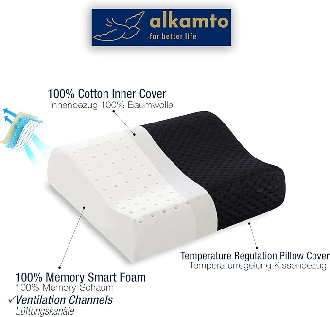 Travel & Camping Comfortable Memory Foam Pillow – Easy to Carry Portable Bag – Temperature Regulating Pillow Case (Black Contour)