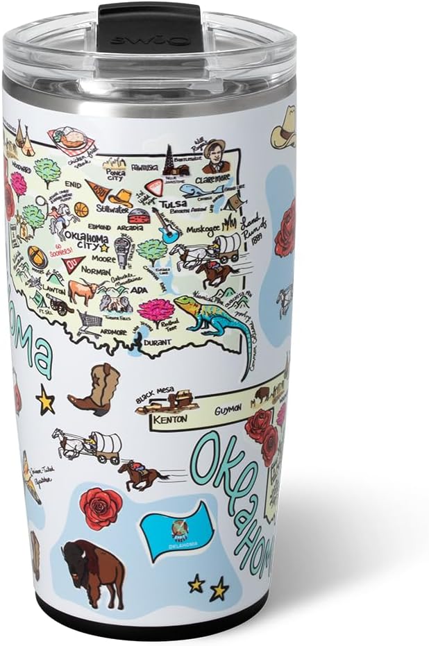 Swig Life 22oz Travel Mug, Insulated Tumbler with Handle and Lid, Travel Coffee Mug, Cup Holder Friendly, Stainless Steel 22 oz Tumbler, Reusable Insulated with Lid (Oklahoma)
