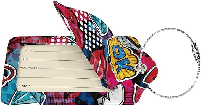2 Pack Funny Luggage Tags with Red Lips Pattern for Suitcases, Colorful PU Leather Luggage Tag Accessories Privacy Cover ID Label with Stainless Steel Loop for Travel Bag for Women Girls Teens