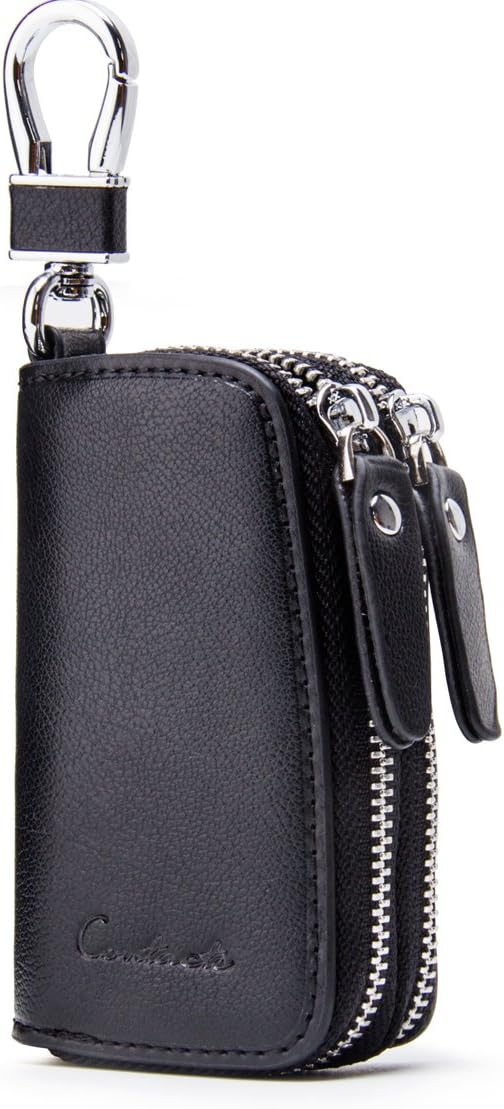 CONTACTS Car Key Case Small Leather Double Zipper Key Holder with 4 Keyrings Keys Organizer for Men Women