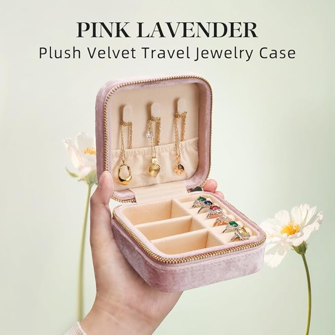 TAIMY Plush Velvet Travel Jewelry Box, Small Travel Jewelry Case, Portable Mini Jewelry Travel Organizer Boxes for Rings Earrings Necklaces Bracelets(Pink Lavender,No Mirror)