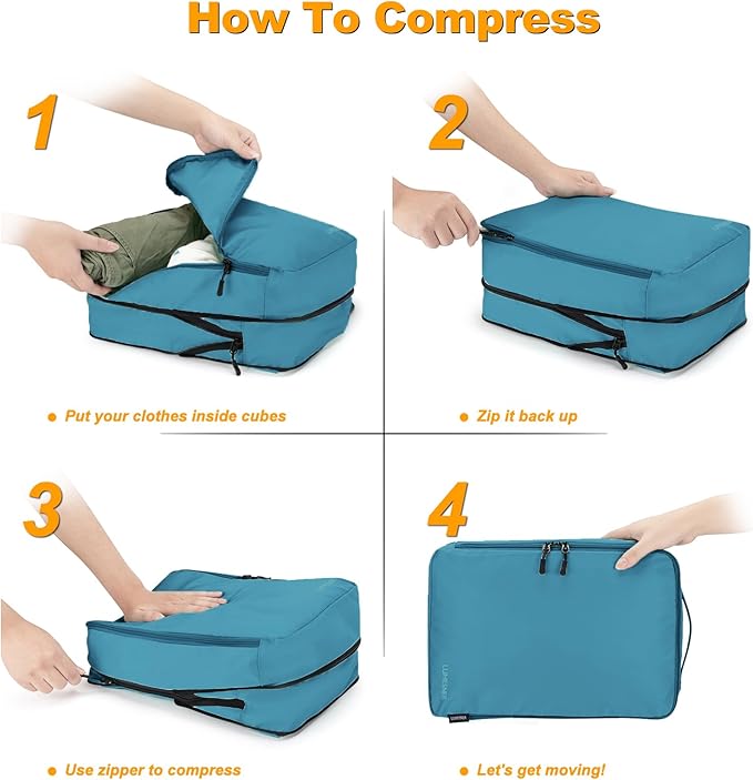8 Set Compression Packing Cubes for Travel, Waterproof Luggage Organizers, Suitcase Organizer Set for Carry-On & Checked Baggage, Travel Accessories for Men & Women
