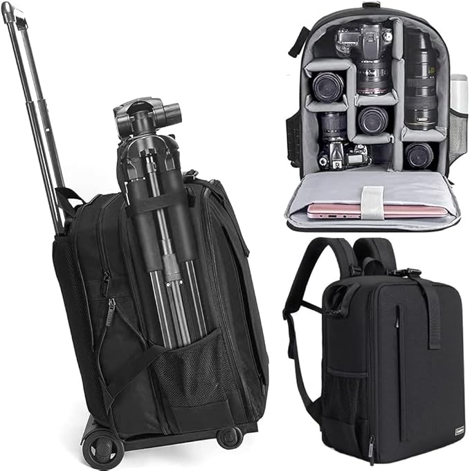 Cwatcun Camera Backpack Trolley Case Bag with Tripod Holder Anti-Theft Waterproof Camera Bag fits 15.6' Laptop for Canon Nikon Sony DSLR SLR Camera for Women Men Photographer