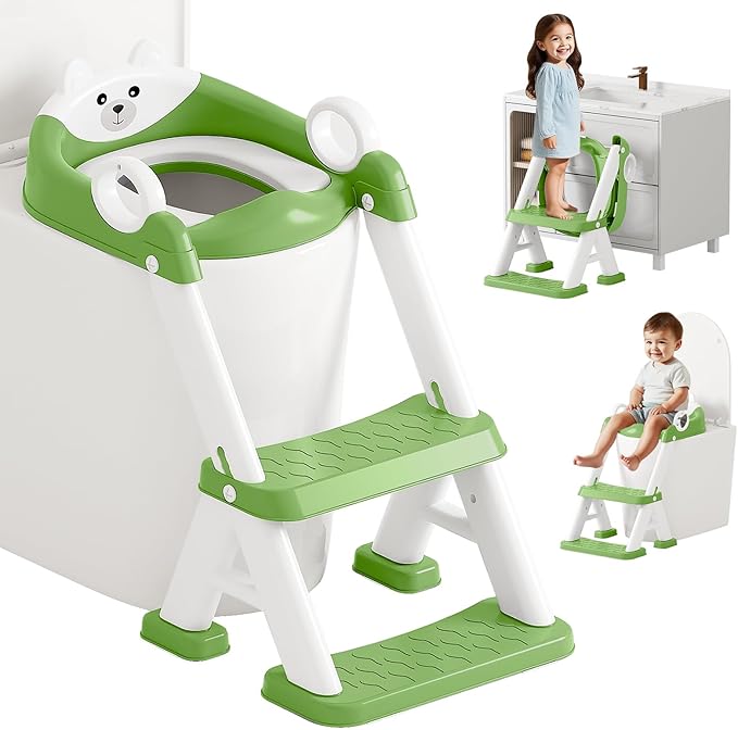 Potty Training Seat,Non Slip Foldable Toilet Training Seat with Soft Cushion, Comfortable HandlesUpgrade Toddler Toilet Seat for Kids Boys Girls,Potty Training Toilet Seat with Step Stool Ladder,Green