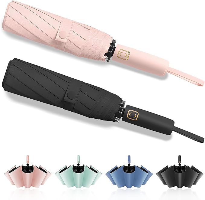 2-Pack Windproof, Waterproof, UV-Blocking Portable Travel Umbrella, Compact Sun & Rain Folding Umbrella, Double Rib Structure, Large Auto Open and Close Car Umbrella
