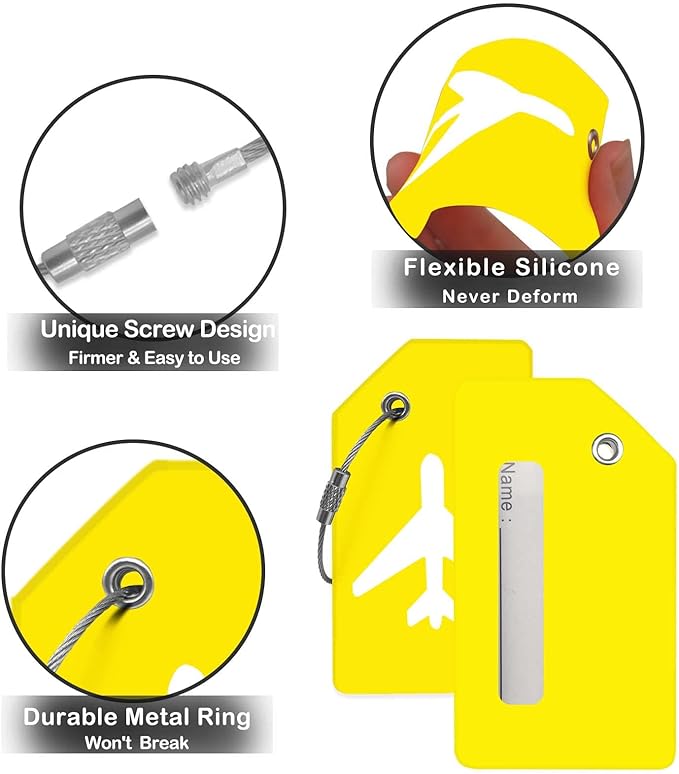 8pack Luggage Tags for Suitcases with Name ID Card， Quickly Spot Luggage Identifier Tags, Flexible Silicone Name Tags for Backpacks, Suitcases, Travel Bags, Baggage, Cruise (Yellow)