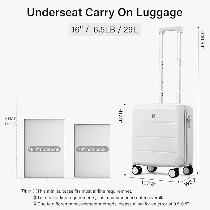 Hanke 16 Inch Underseat Carry On Luggage with Spinner Wheels Hard Shell Suitcases Mini Small Carry On Bag for Airline Approved TSA Luggage Lightweight Travel Suit Case(Smoke White)