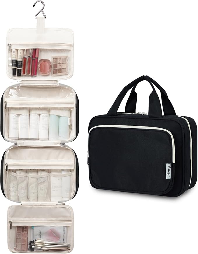Travel Toiletry Bag for Women Large Hanging Makeup Bag Organizer Toiletries Bag for Full Size Essentials Accessories Cosmetics (Black (Large))