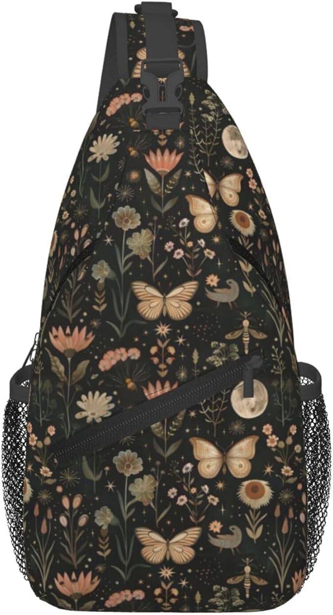 SUPLUCHOM Sling Bag Vintage Butterfly Moon Flower Hiking Daypack Crossbody Shoulder Backpack Travel Chest Pack for Men Women