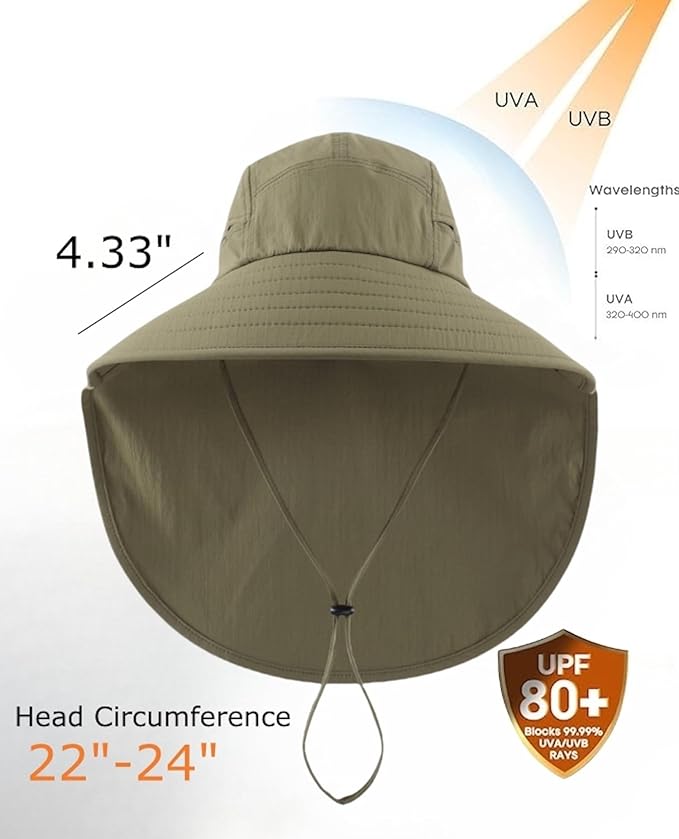 Home Prefer UPF 80+ Sun Hat for Men Women Wide Brim Sun Hat with Neck Flap Summer Safari UV Protection Gardening Fishing Hat