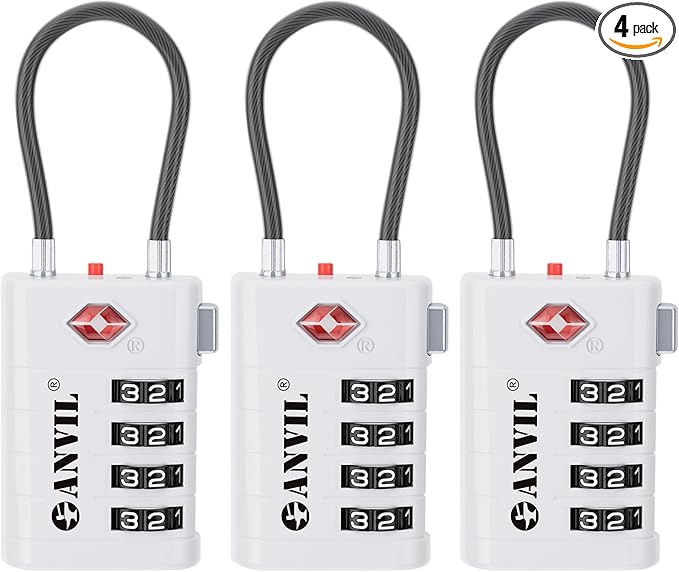 ANVIL 4 Digit Luggage Locks, TSA Locks for Luggage, Advanced TSA008 core, Alert Indicator for Your Travel Lock, Suitcase Lock. (3, White)