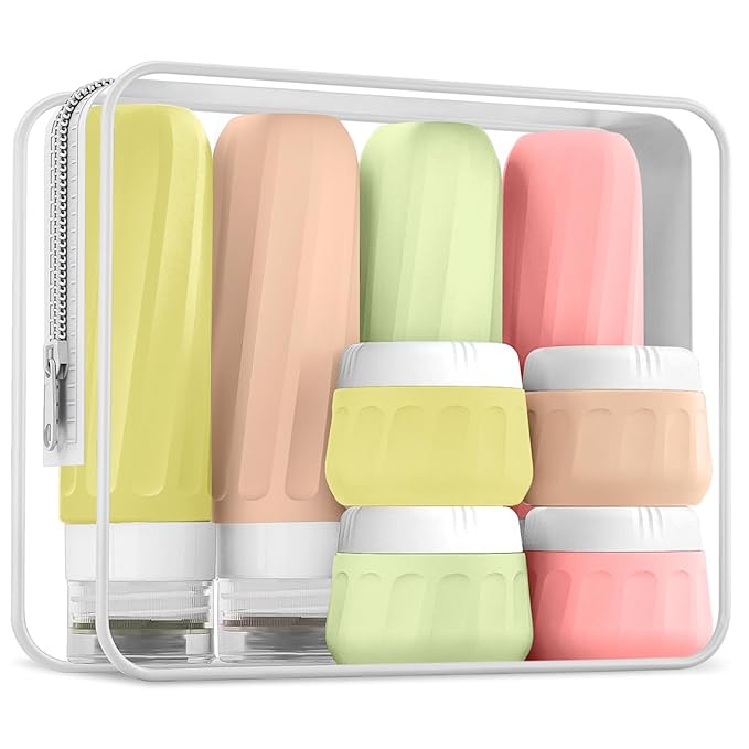 Travel Bottles for Toiletries 8 Pack, Travel Size Toiletries, Tsa Approved Travel Size Containers 3oz, with Travel Essentials Clear Bag, Leak Proof Silicone Squeezable Creams Jars