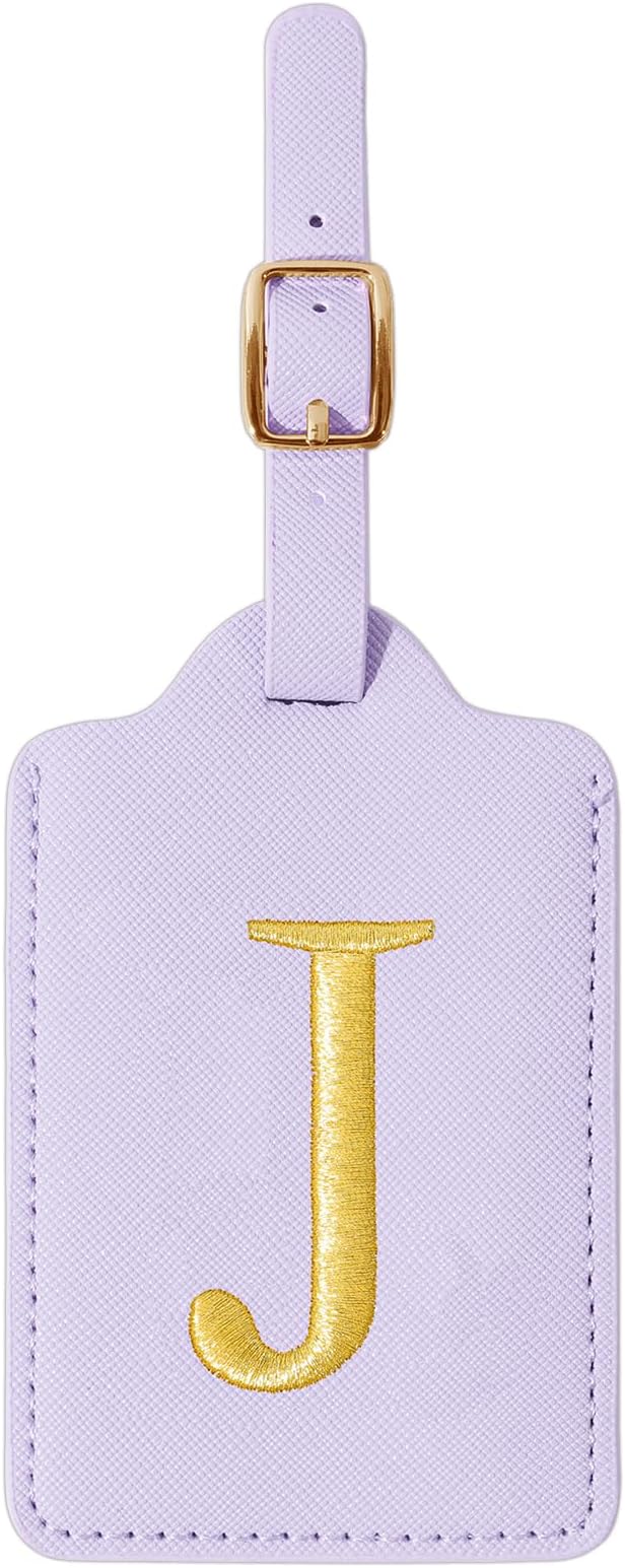 Personalized Initial Luggage Tags for Suitcase, Purple Leather Cute Luggage Tags with Privacy Cover Name Card, Embroidered Custom Monogrammed Luggage Tag Travel Backpack Tags Gifts for Women Kids(J)
