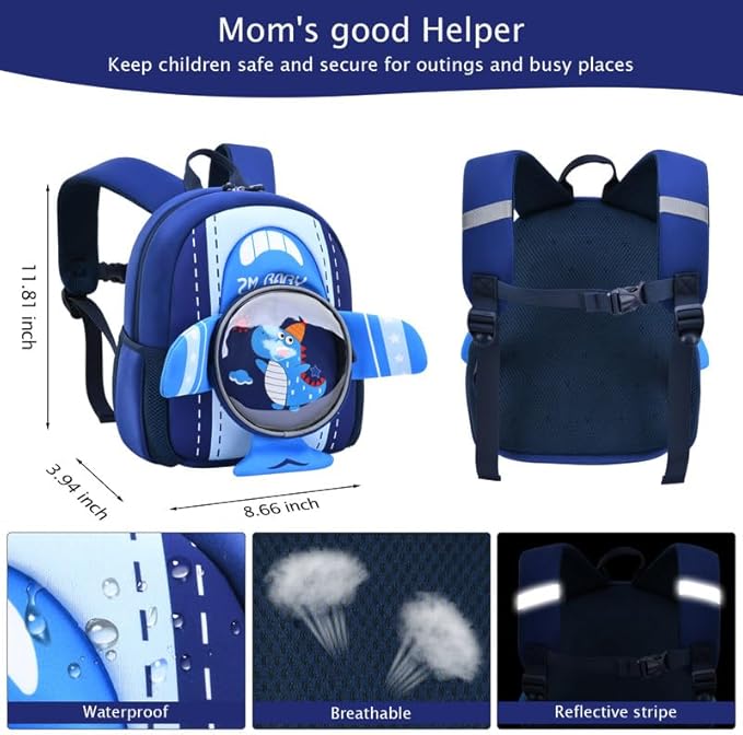 Padgene Toddler Harness Backpacks Safety Leash Kids Anti Lost Kindergarten Preschool Backpack Neoprene Lightweight Animal Schoolbag 3D Cartoon Dinasour Mini Travel Bag for Boys Girls