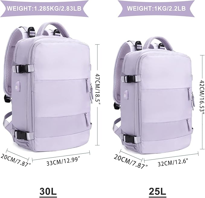 coowoz Large Travel Backpack For Women Men,Carry On Flight Approved,Hiking Waterproof Outdoor Sports Rucksack Casual Daypack Fit 15.6 Inch Laptop Shoes Compartment (Purple)