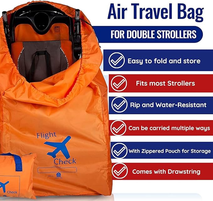 Alnoor USA Gate Check Bag for Single & Double Stroller Travel Bag for Air Plane | Extra Large & Ultra Durable - Includes Padded Shoulder Straps for Comfort & Durability With Pouch – Bonus E-Book