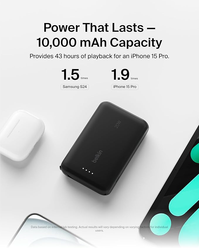 Belkin Portable Charger, Power Bank 10000 mAh with Integrated Cable - 20W Fast Charge USB-C Power Delivery, iPhone Charger - Apple iPhone 16 Series, iPad Pro, Samsung Galaxy S25, & More - Black