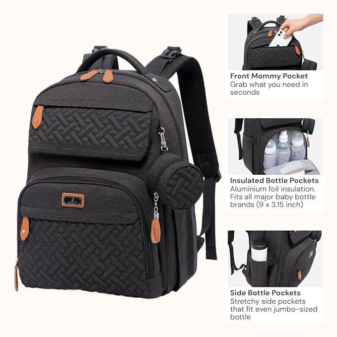 BabbleRoo Diaper Bag Backpack, Travel Backpack with Changing Pad, Pacifier Case & Stroller Straps, Multifunction, Waterproof, Unisex – Black