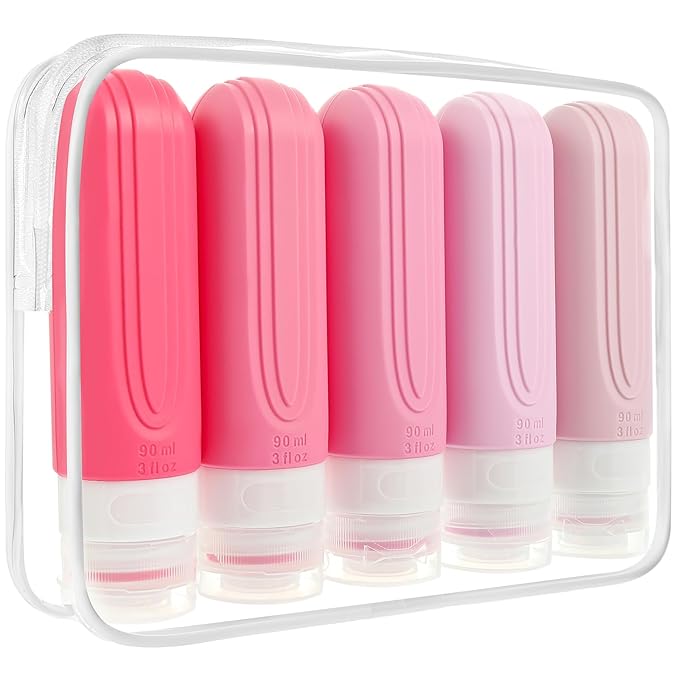 Travel Bottles for Toiletries, 5 Pack TSA Approved Travel Size Containers, 3oz Leak Proof Refillable Travel Accessories for Shampoo Conditioner, BPA Free Travel Bottles with Toiletry Bag