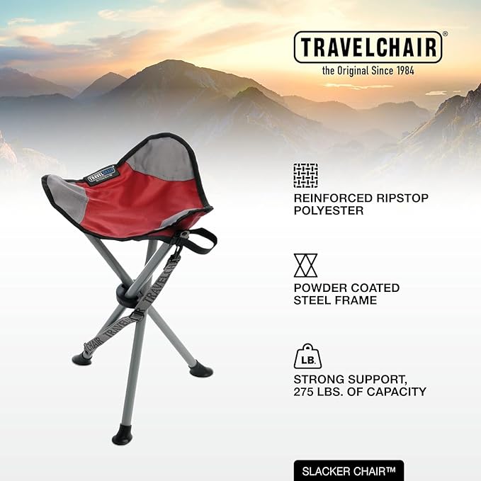Travel Chair Slacker Tripod Chair for Camping, Lightweight Chair, Adjustable Carry Strap for Easy Transport | Oversized Duck Feet for Improved Stability | Perfect for Outdoor Adventures (Green)