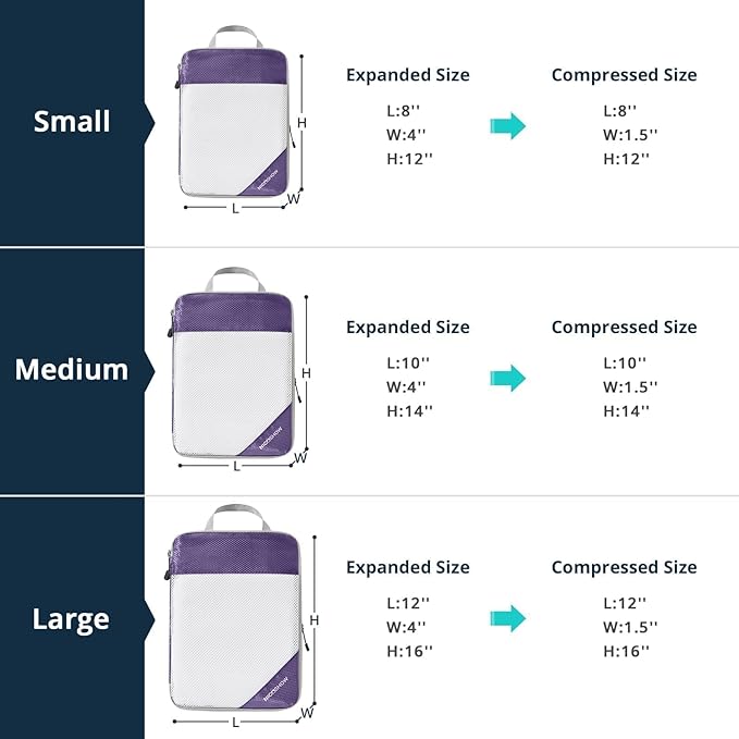 Compression Packing Cubes 6 Set, Compressible Space-Saving Packing Cubes for Travel - Compression Bags, Luggage Organizer, Travel Essentials for Women, Purple