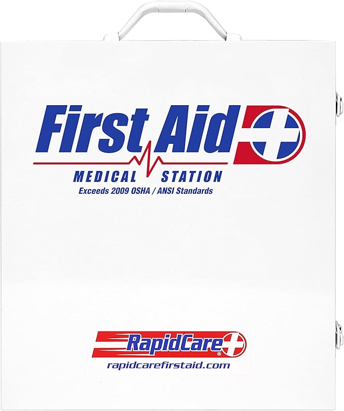 Rapid Care First Aid 863-09-1F 3 Shelf ANSI/OSHA Compliant All Purpose First Aid Cabinet & Medical Station with First Aid Sign, Exceeds OSHA/ANSI 2009, Wall Mountable, White