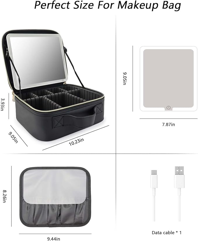 Travel Makeup Bag with LED Mirror Travel Makeup Organizer with 3 Lighted Settings, Adjustable Dividers and Makeup Brush Storage Bag Black