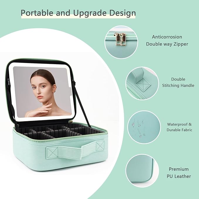 Makeup Bag with Led Mirror,Travel Makeup Organizer with 3 Color Setting & 10X Magnifying Mirror, Portable Storage and Adjustable Dividers Travel Makeup Bag-light green