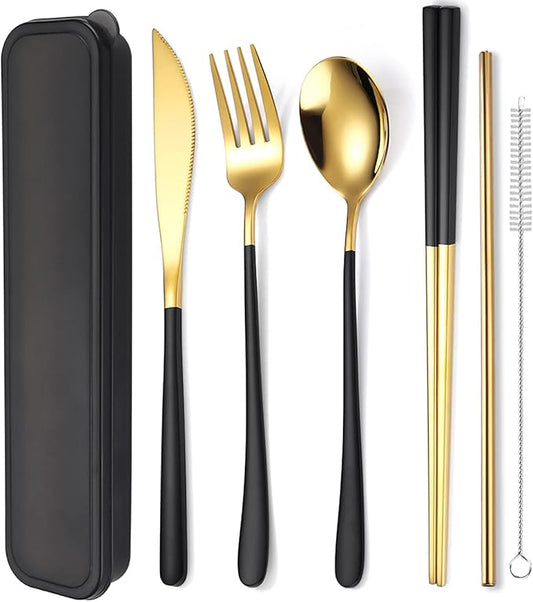 AARAINBOW 6 Pieces 18/8 Stainless Steel Flatware Set Portable Reusable Cutlery Set Travel Utensils Set Including Chopsticks Knife Fork Spoon Straws Cleaning Brush Dishwasher Safe (Black golden)