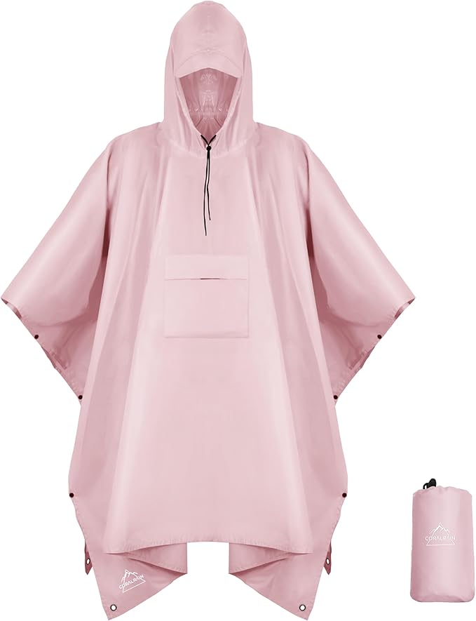Coralrain Hooded Rain Poncho Lightweight Waterproof Unisex Raincoat Jacket with Pocket for Men Women Adult