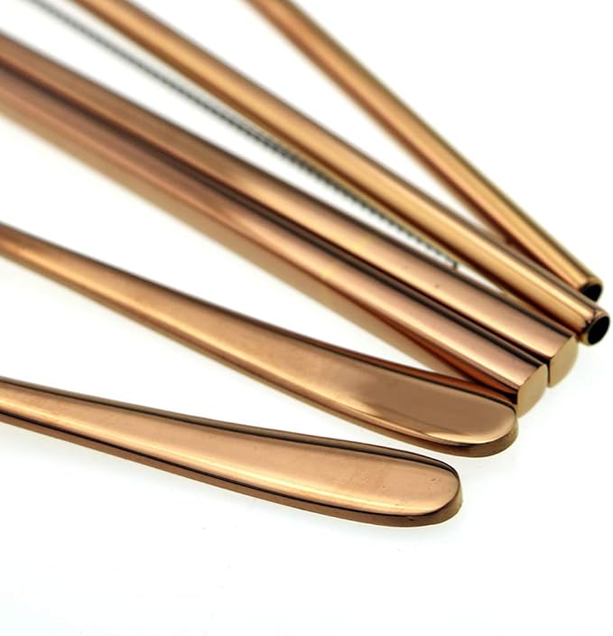 7 Pcs Portable Flatware Set, 304 Stainless Steel Cutlery Set Travel Utensils Set w/Pouch Fork Spoon Chopsticks Straws for Travel Camping Office School, Dishwasher Safe & Eco-Friendly (Rose Gold)