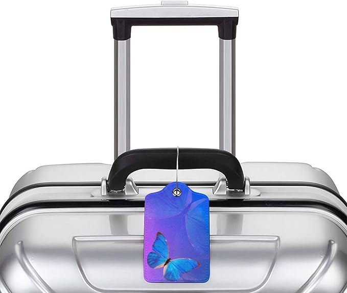Blue and Purple Luggage Tags with Butterfly Print, Beautiful Violet Suitcase Tags with Privacy Cover Id Card Stainless Steel Loop, 2 Pack Identifiers Tags with Name ID Labels for Women Girls Travel