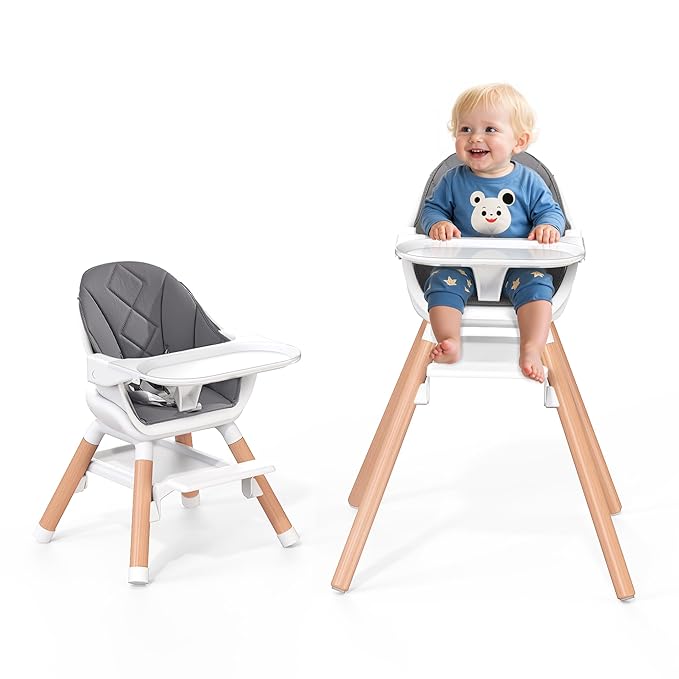 Baby High Chair, Highchair for Baby & Toddler, Easy Clean Infant Highchair, 6 in 1 Feeding High Chair with Removable Double Tray and Waterproof PU Cushion, Wooden Legs, Grey